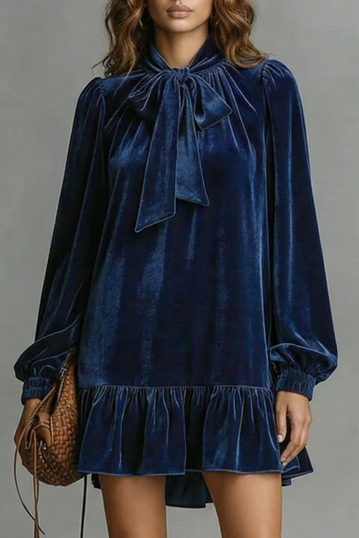 Women’s Velvet Bow-Tie Neck Long-Sleeve Mini Dress