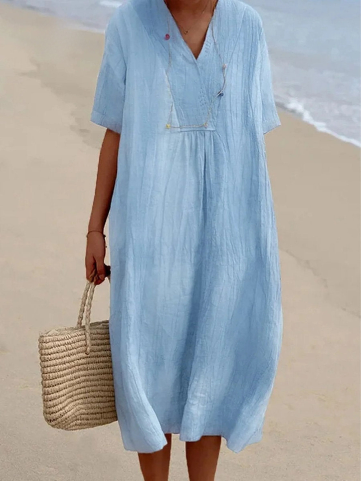 Women's V-Neck Linen Maxi Dress Loose Fit Kaftan Short Sleeve Tunic