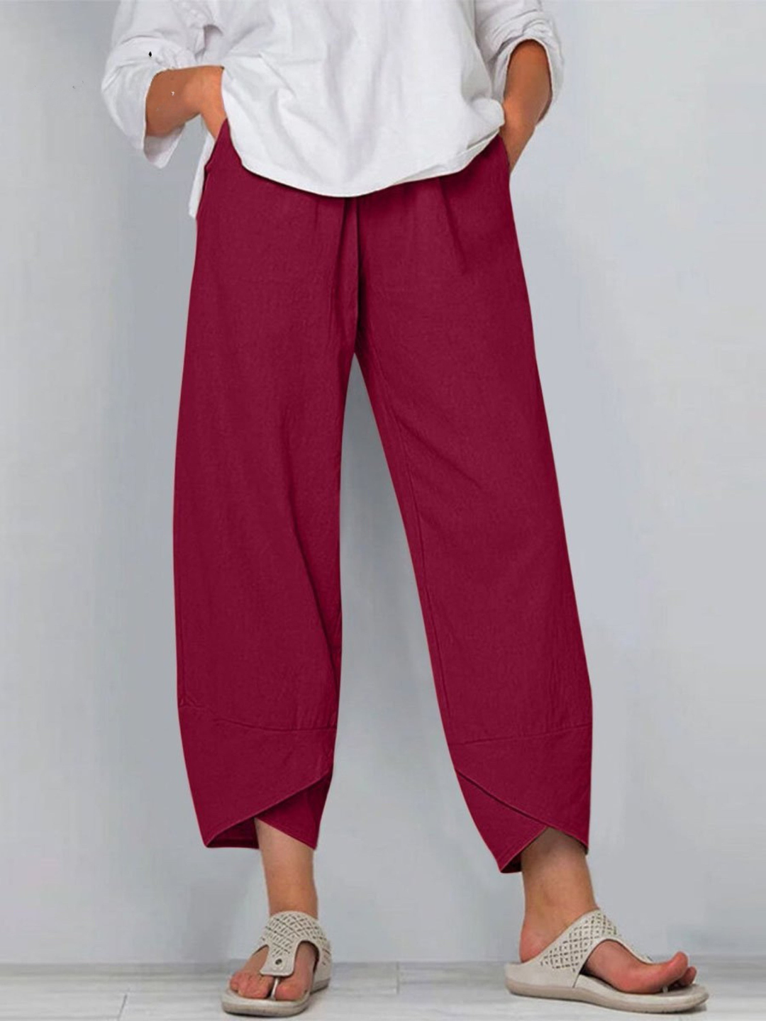Women's Linen Harem Trousers Loose Fit Casual Wide Leg Trousers