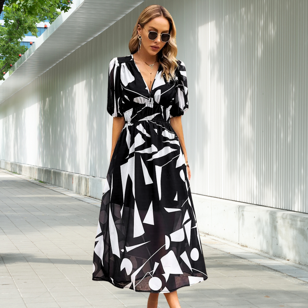 Women's Linen Geometric Print V-Neck Midi Dress