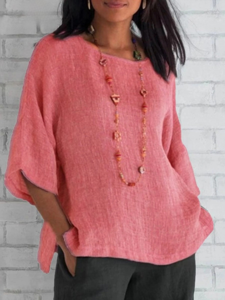 Women's Linen Knit Boat Neck Batwing Sleeve Loose Fit Tunic Top