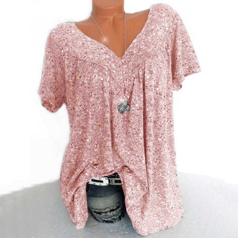 Women’s Linen Printed V-Neck Short-Sleeve Blouse