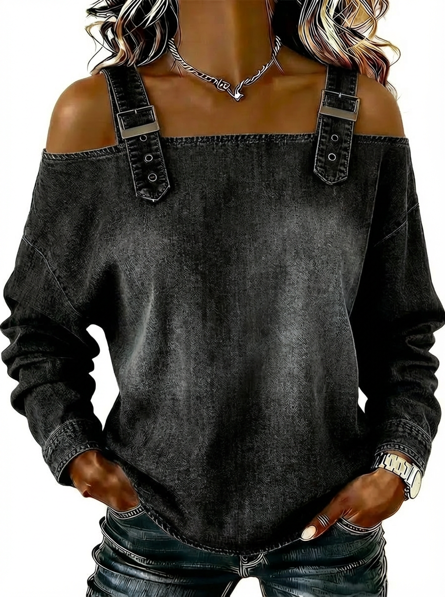 Women's Denim Cold Shoulder Long Sleeve Top Denim Pullover Blouse