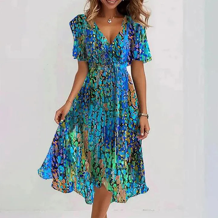 Women’s Linen Blend Floral V-Neck Short-Sleeve Midi Dress