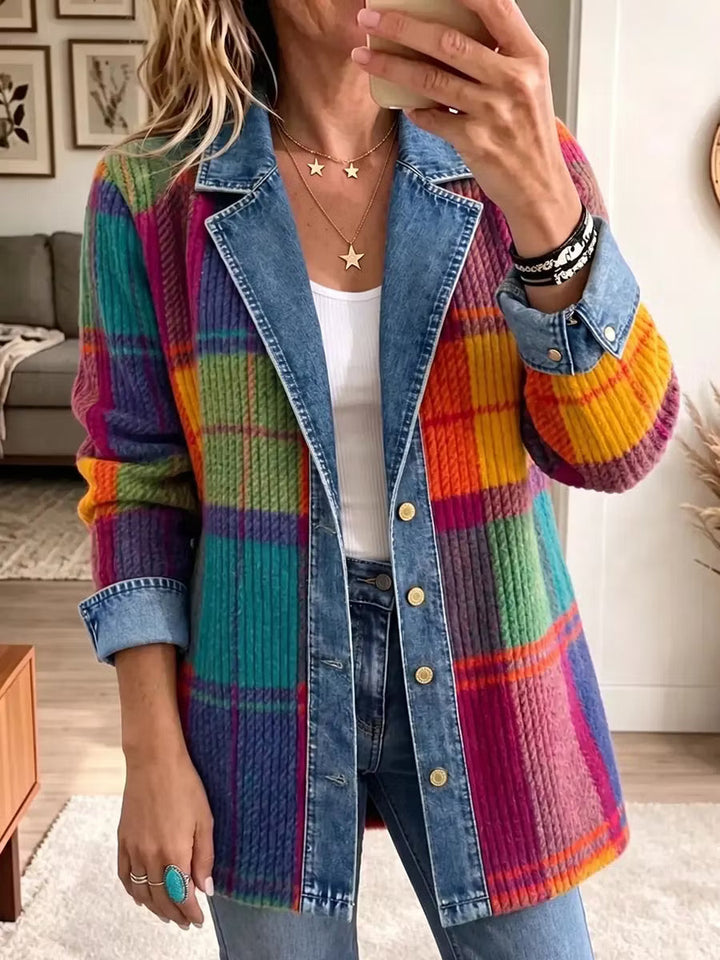 Női kockás, patchwork mintás, gombos farmerdzseki