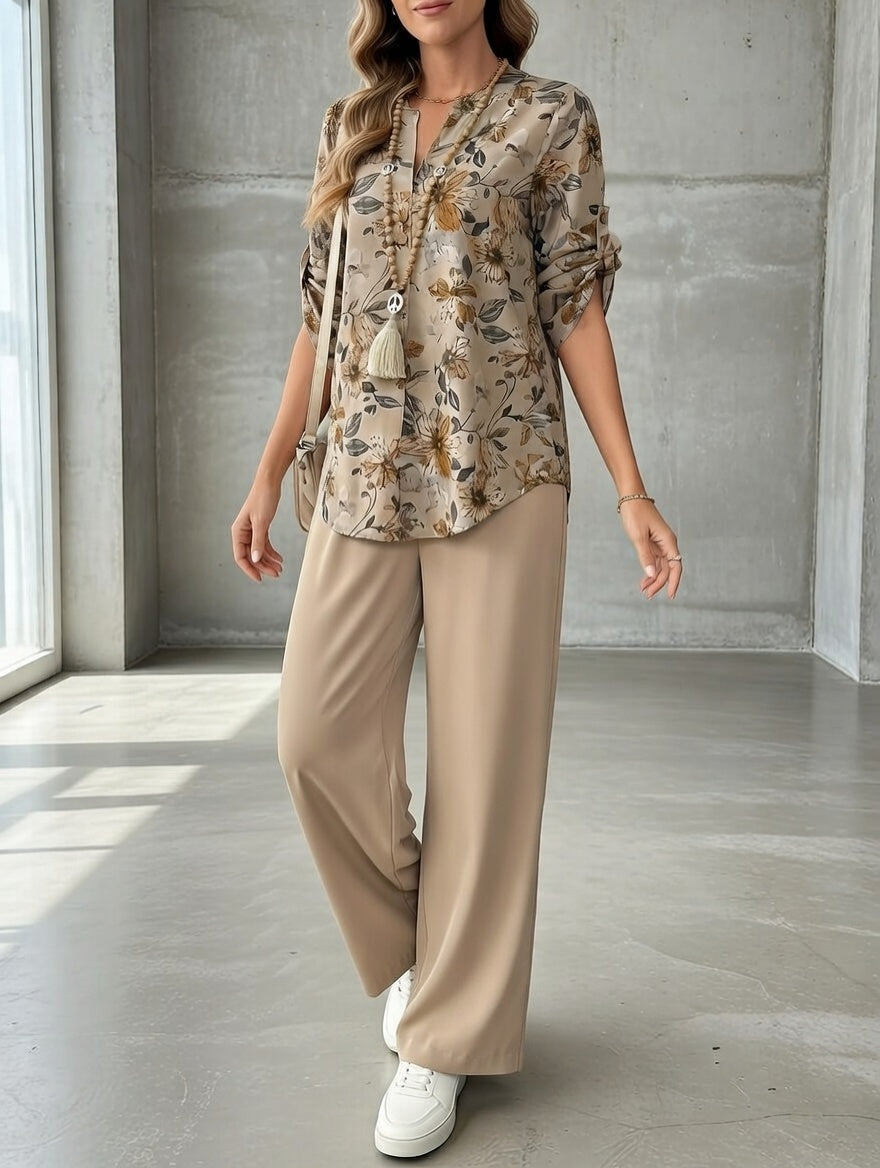 Women’s Linen Blend Floral V-Neck Blouse & Trousers Set