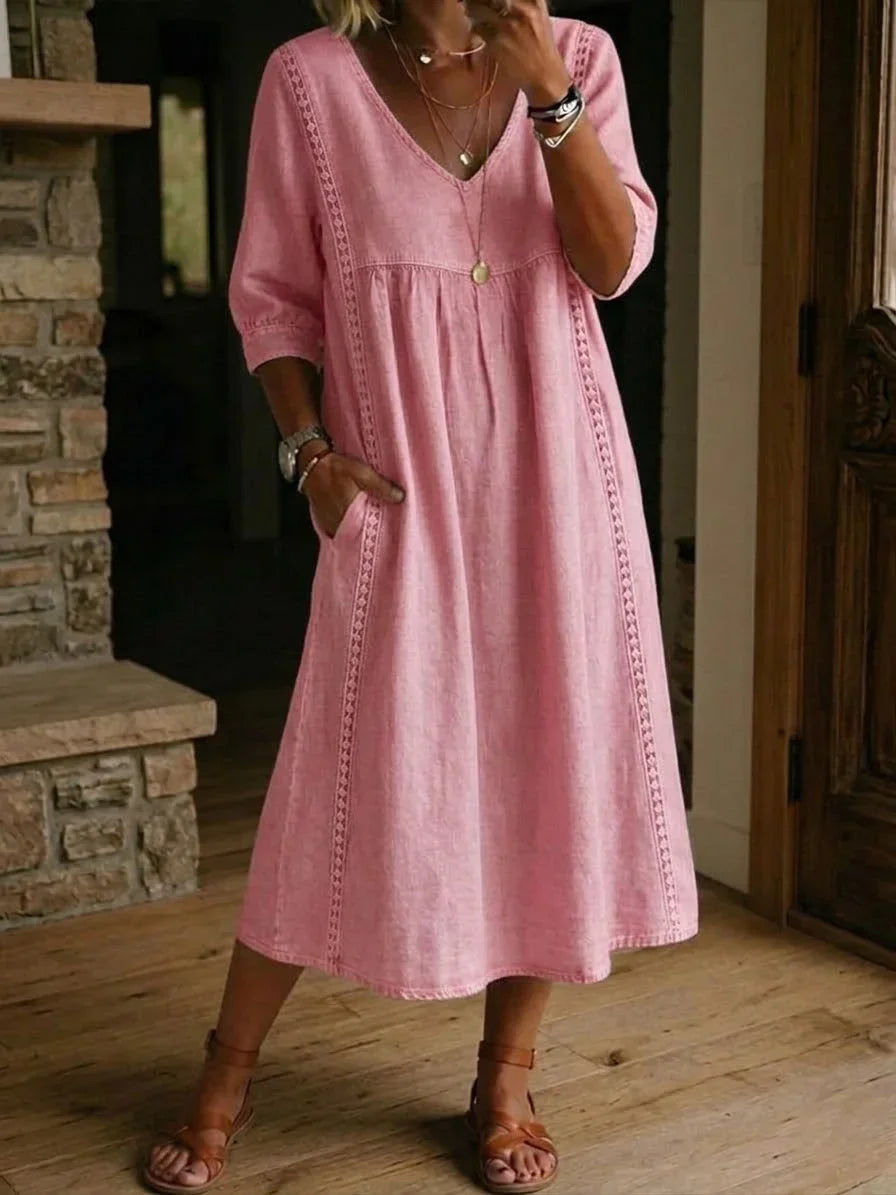 Women's Loose Fit Linen V-Neck Long Sleeve Midi Dress