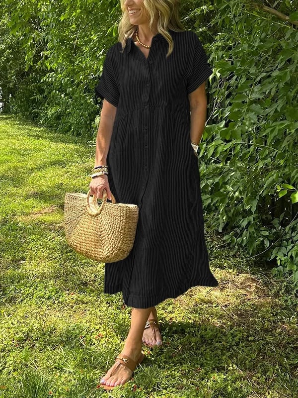 Linen Striped Button Down Shirt Dress for Women