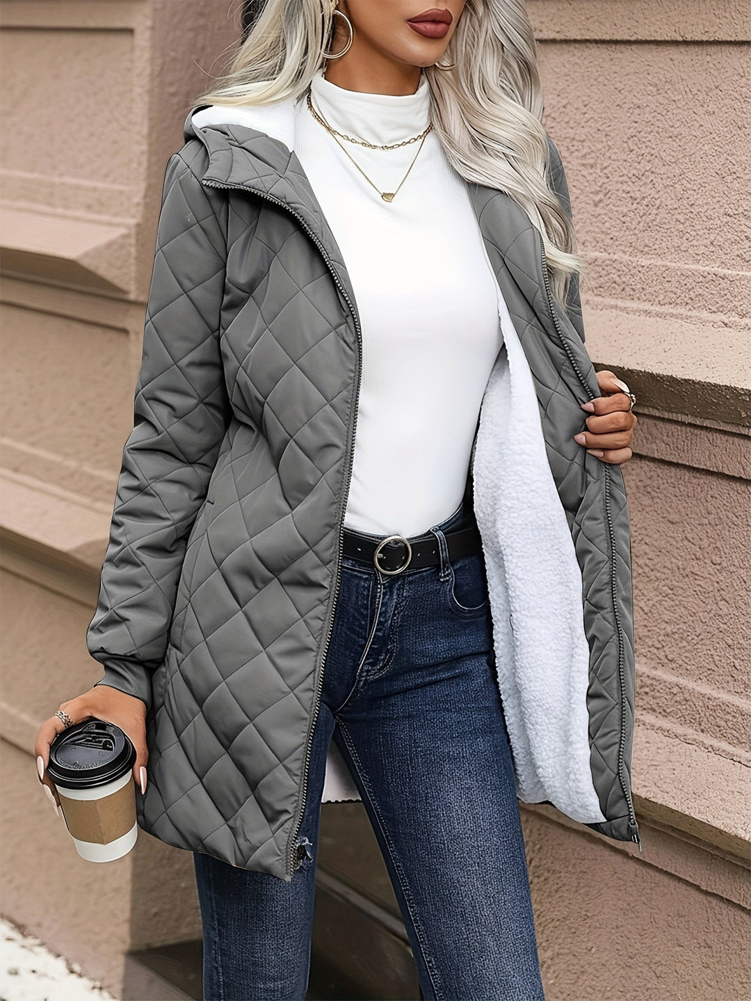 Women's Quilted Jacket Fleece Lined Hooded Coat