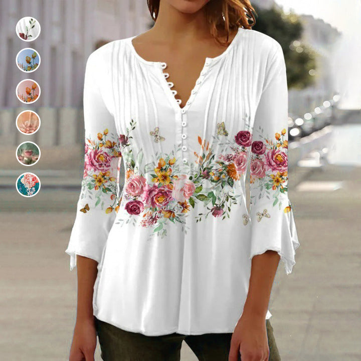 Women's Linen Floral Blouse V Neck 3/4 Sleeve Top