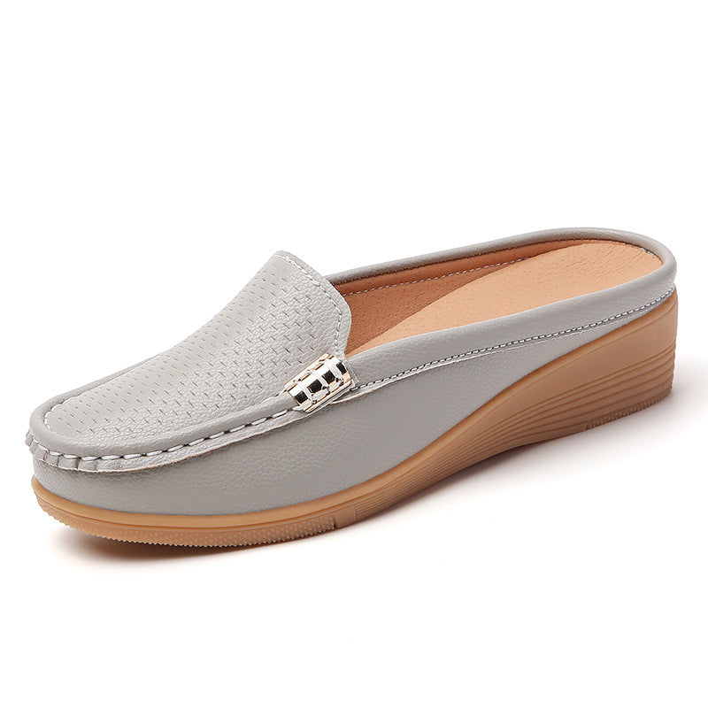 Women's Leather Mules Wedge Loafers Slip On Shoes