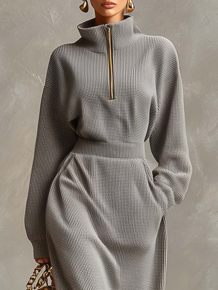 Women's Knit Sweater Half Zip High Neck Maxi Dress