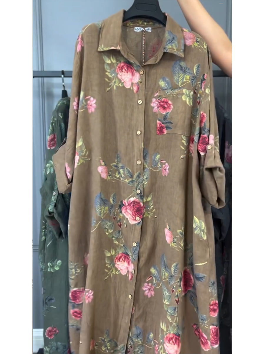 Women's Linen Floral Print Long Sleeve Midi Tunic Shirt Dress