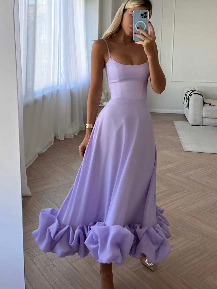 Women's Satin Spaghetti Strap Ruffle Hem Maxi Dress