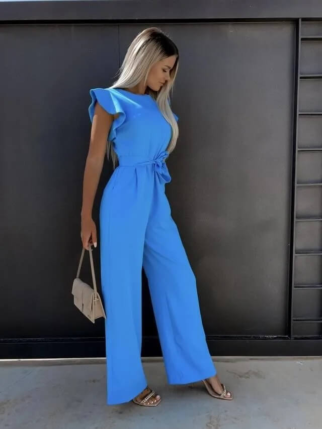 Women's Linen Ruffle Sleeve Belted Jumpsuit Wide Leg
