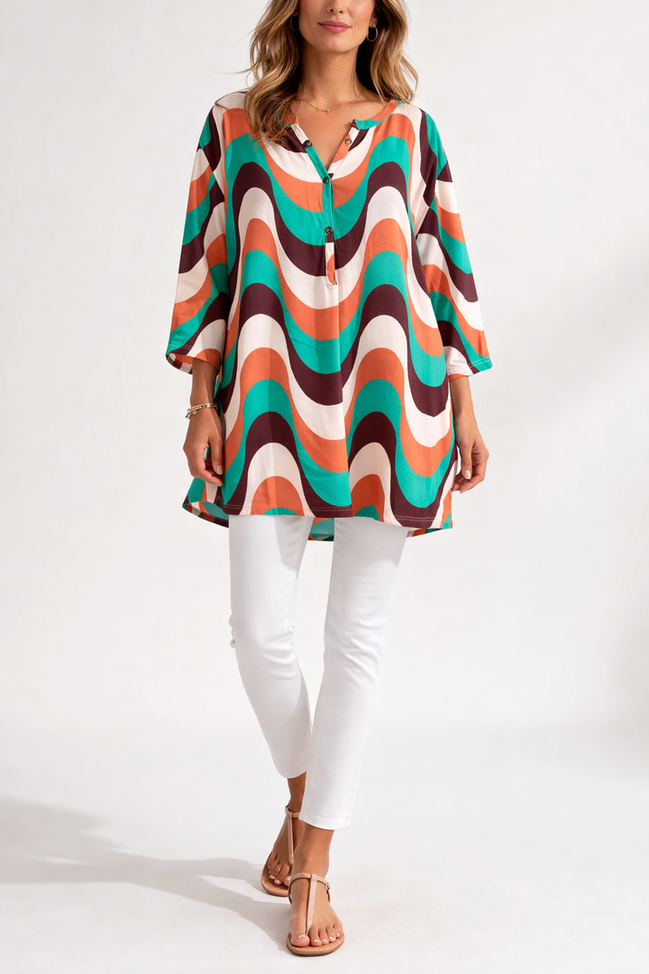 Women’s Linen Printed V-Neck Tunic Blouse