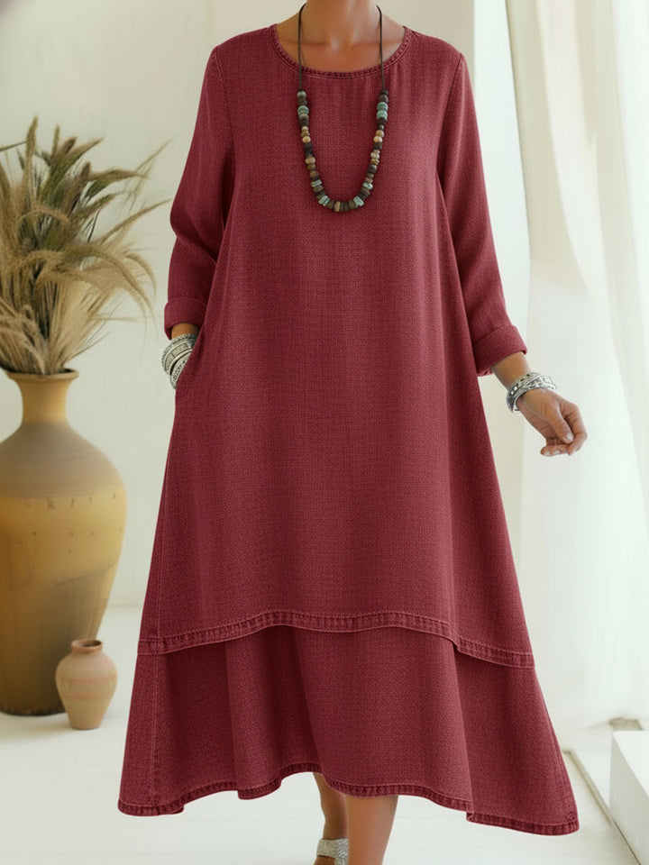 Women's Denim Layered Long Sleeve Maxi Dress