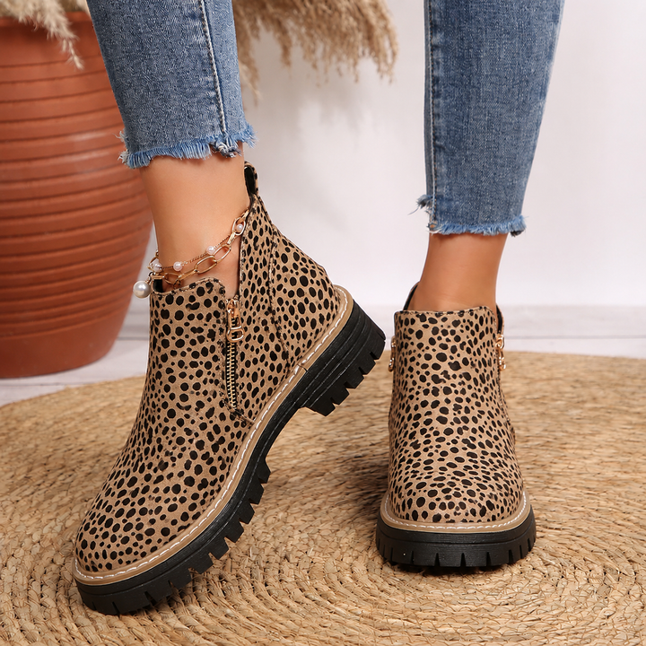 Women's Leather Ankle Boots Zipper Lug Sole Chunky Booties