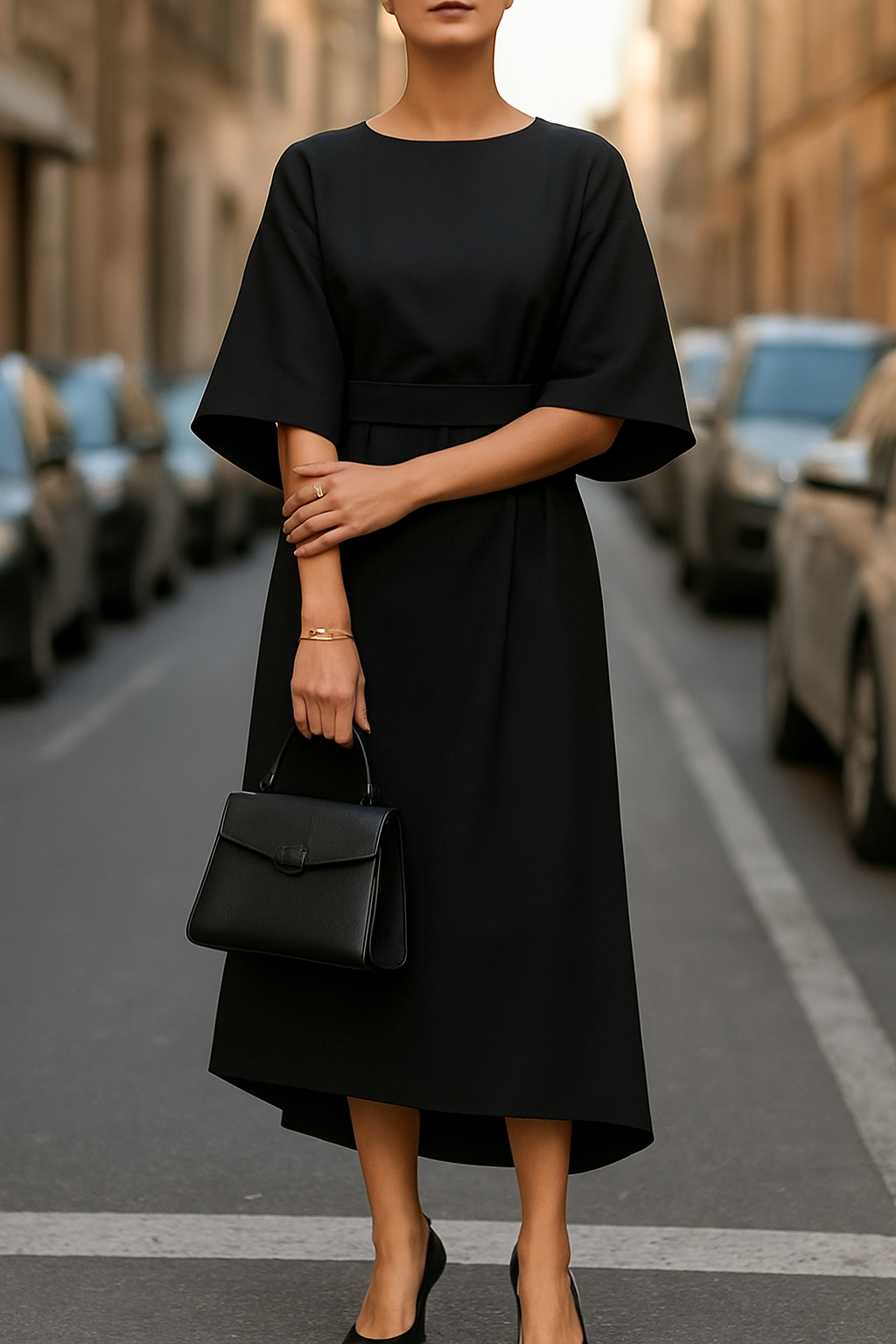 Women's Knit Balloon-Sleeve A-Line Midi Dress