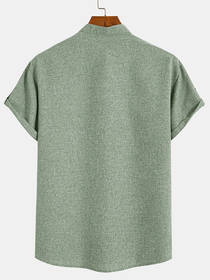 Men Henley Linen Shirt Casual Short Sleeve Cross Graphic Tee