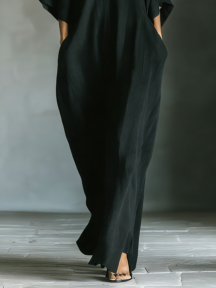 Robe longue pour femme en mélange de rayonne, coupe ample et oversize, manches kimono et col en V