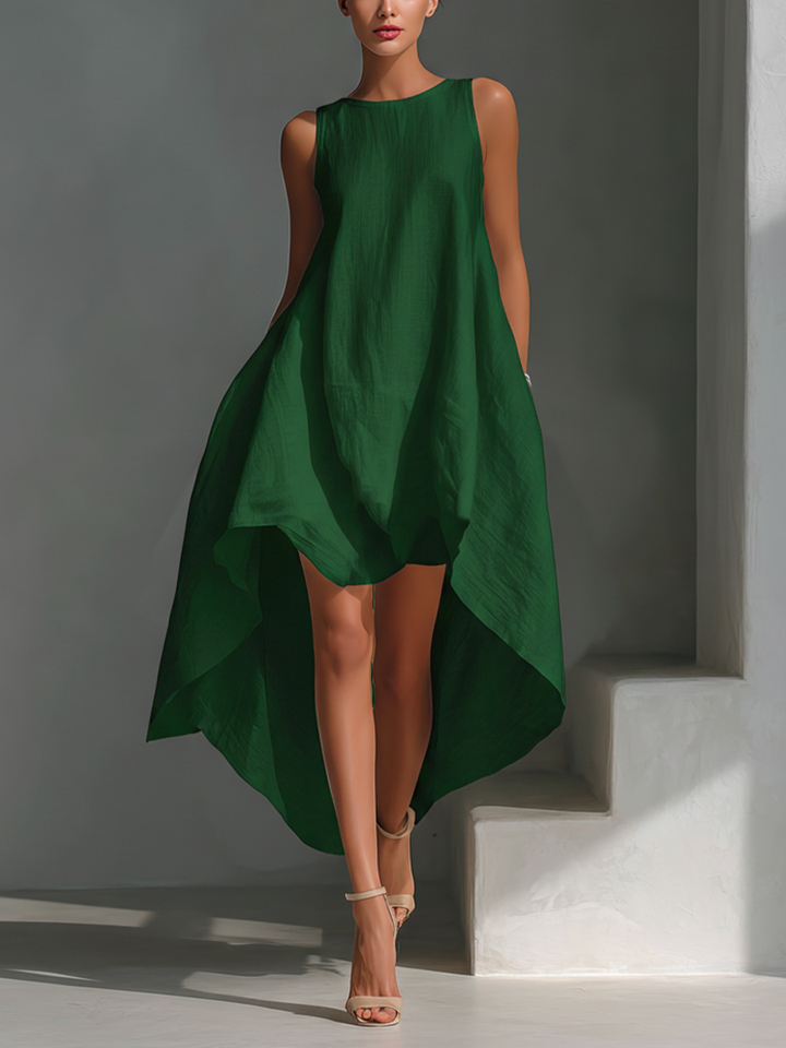 Women's Elegant Linen Sleeveless Round Neck High-Low Midi Dress