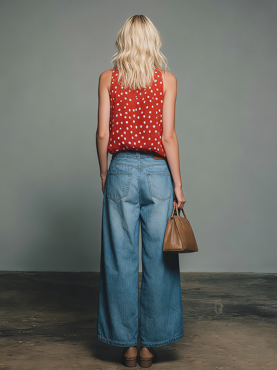 Women's Linen Blend V-Neck Top and Wide Leg Denim Trousers Set