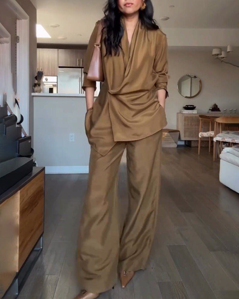 Women's Linen Tailored Two Piece Shirt and Wide-Leg Trouser Set