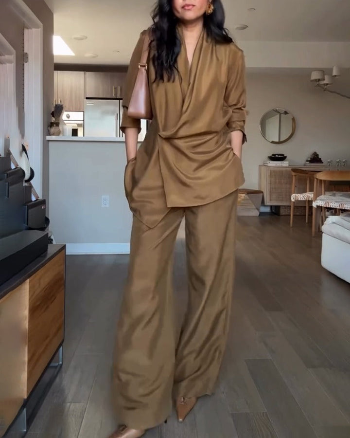 Women's Linen Tailored Two Piece Shirt and Wide-Leg Trouser Set