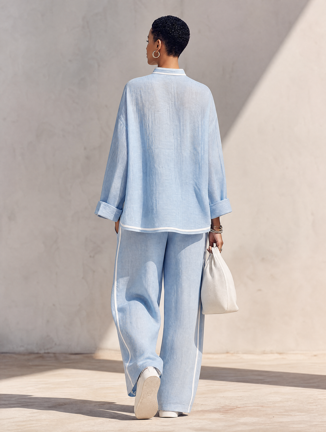 Women Linen Two Piece Set Long Sleeve Top and Wide Leg Trousers