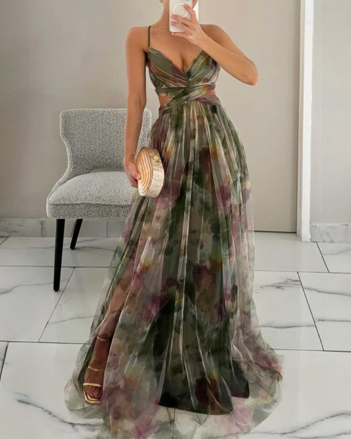 Women's Floral Print Chiffon Cutout V-Neck Backless Maxi Dress