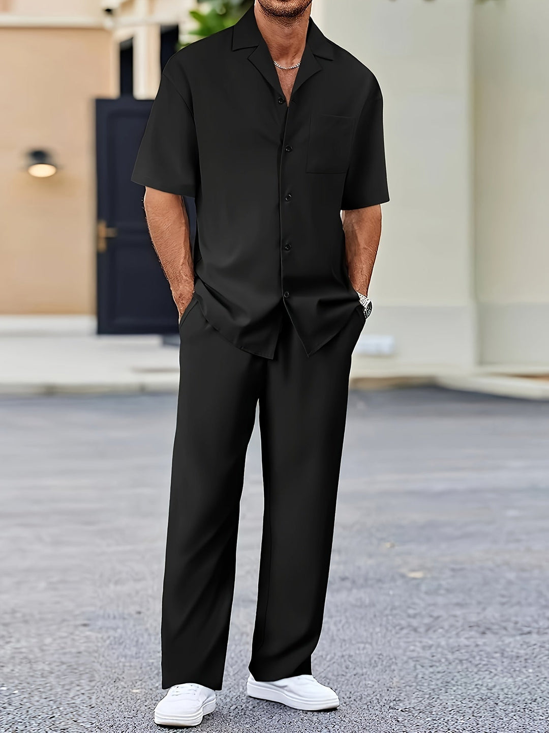 Men's Linen Blend Short Sleeve Shirt and Trousers 2-Piece Set