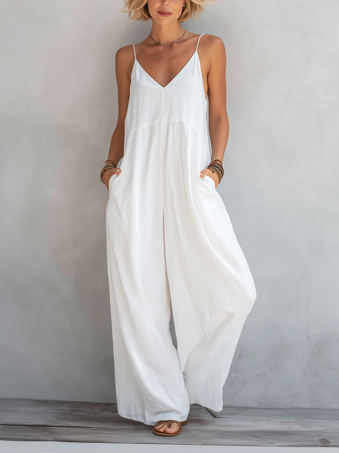 Women's Linen Blend Spaghetti Strap Sleeveless Wide-Leg Jumpsuit