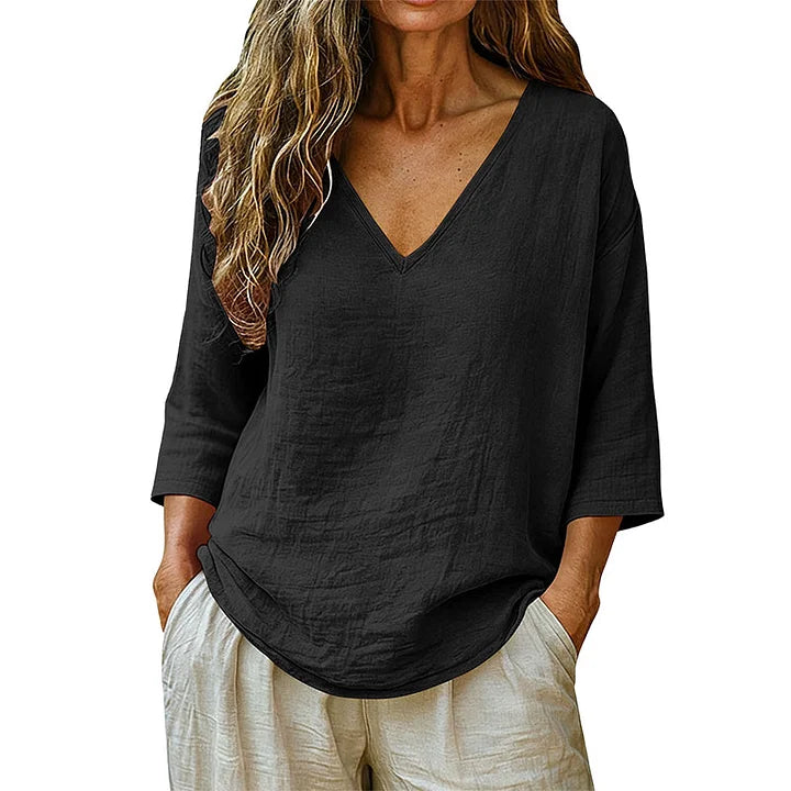 Women's V-Neck Linen Blouse Long Sleeve Top