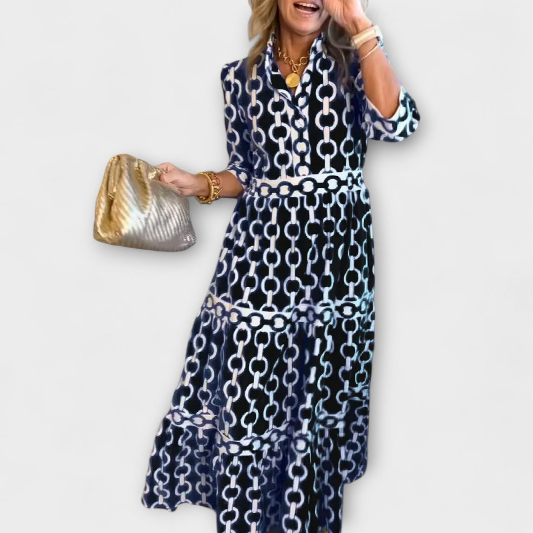 Women's Satin Button-Front Chain-Print Midi Dress