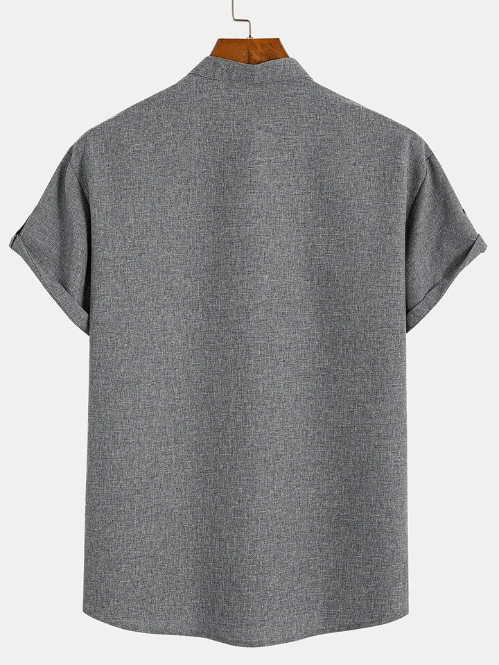 Men Henley Linen Shirt Casual Short Sleeve Cross Graphic Tee