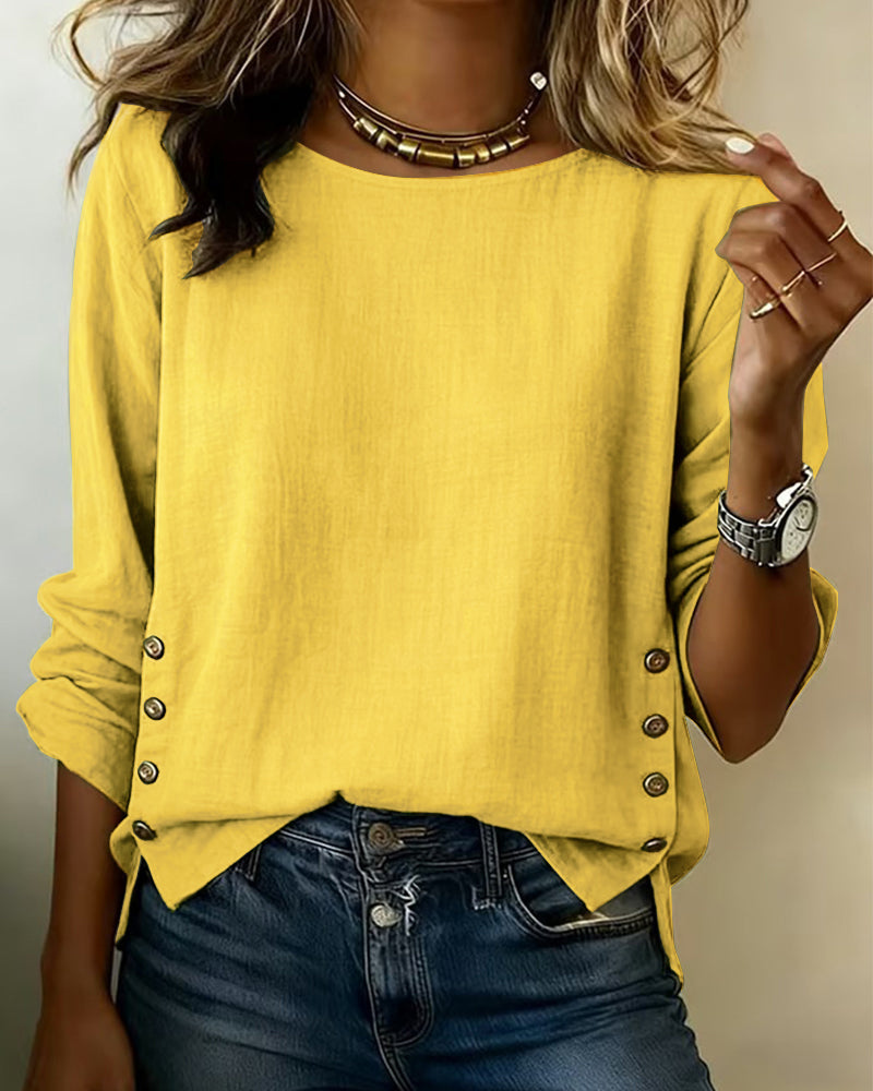 Women's Linen Round Neck Long Sleeve Blouse Top