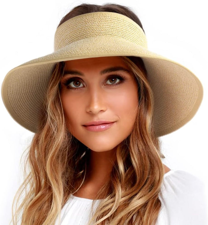 Women's Paper Straw Sun Visor Wide Brim Foldable Beach Hat