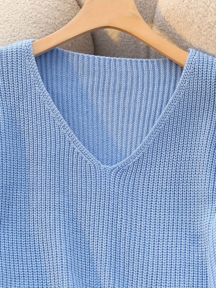 Women's Knit Ribbed V-Neck Button-Cuff Sweater