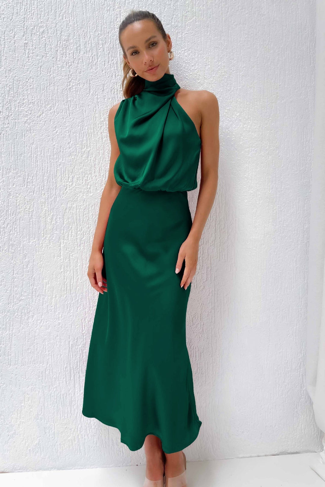 Women's Silk Satin High Neck Halter Midi Dress