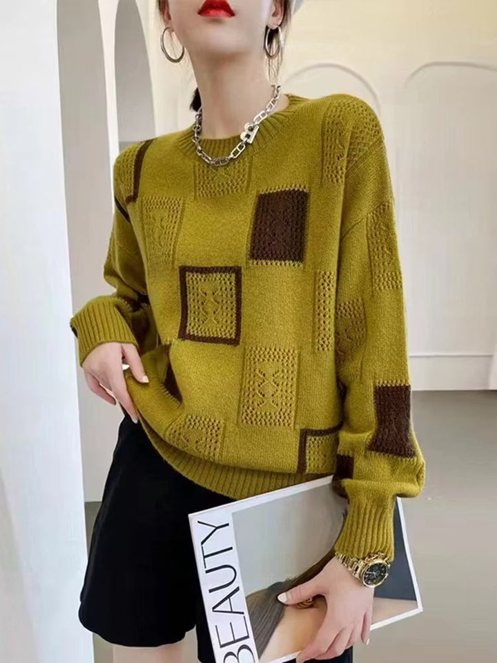Női gyapjúkeverék kötött patchwork geometrikus mintás pulóver