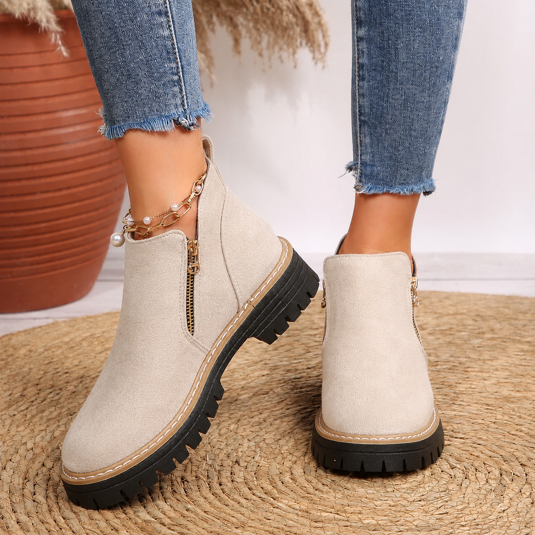 Women's Leather Ankle Boots Zipper Lug Sole Chunky Booties