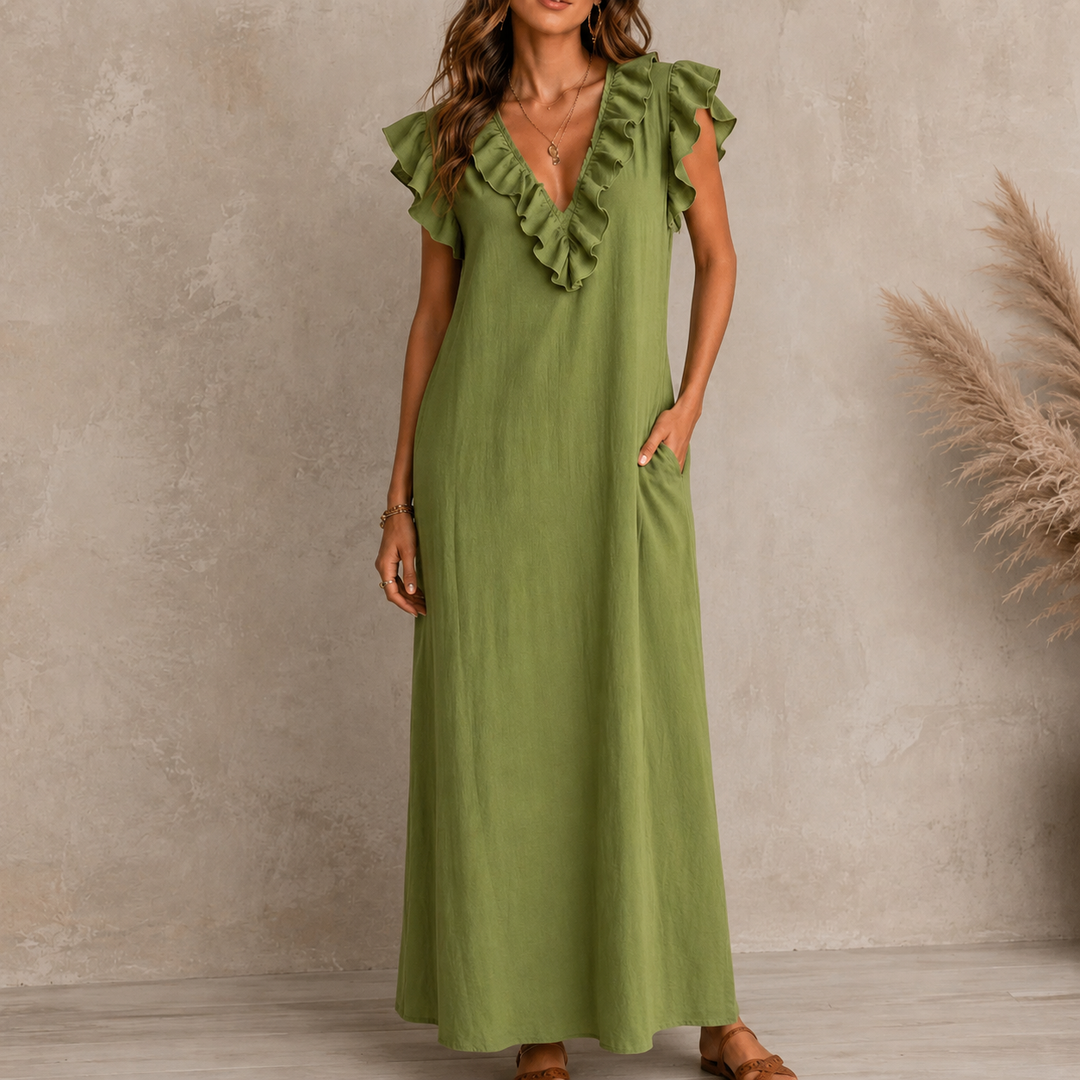 Women's Linen V Neck Ruffle Sleeveless Loose Maxi Dress