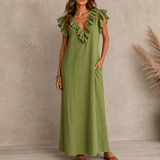 Women's Linen V Neck Ruffle Sleeveless Loose Maxi Dress