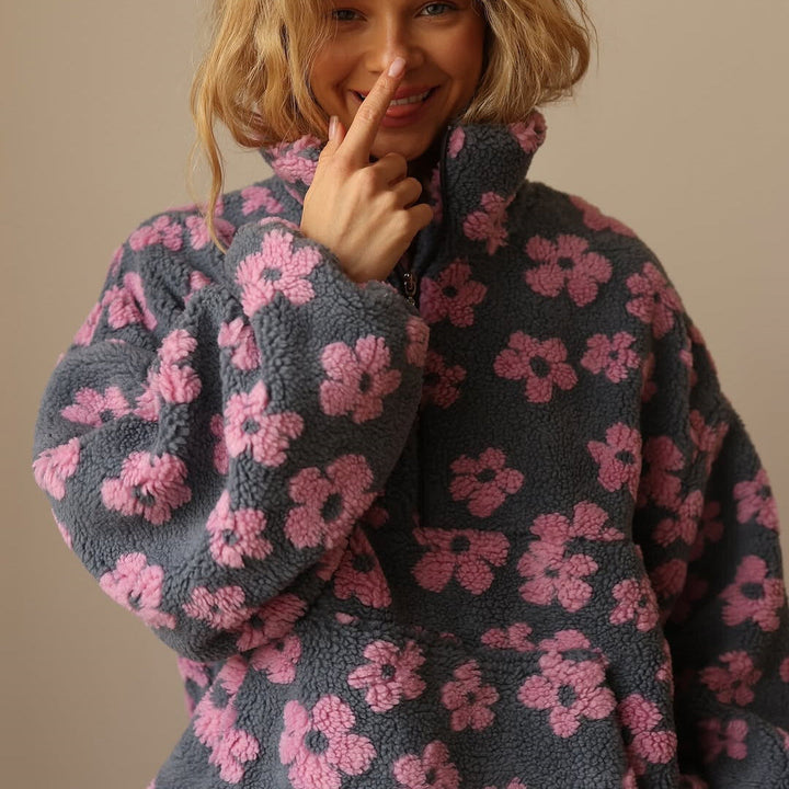 Women Fleece Floral Quarter Zip Pullover Hoodie
