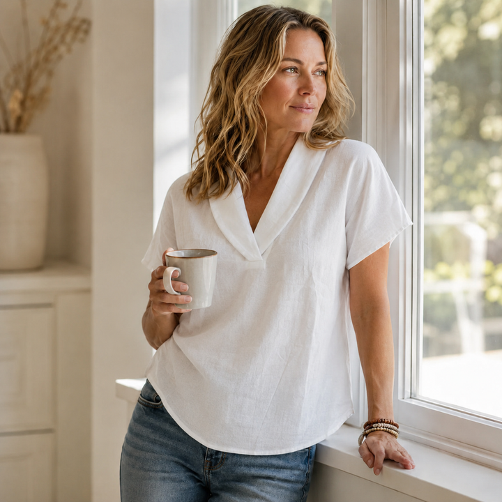 Women's Linen Blouse V Neck Short Sleeve Casual Shirt Tunics Top