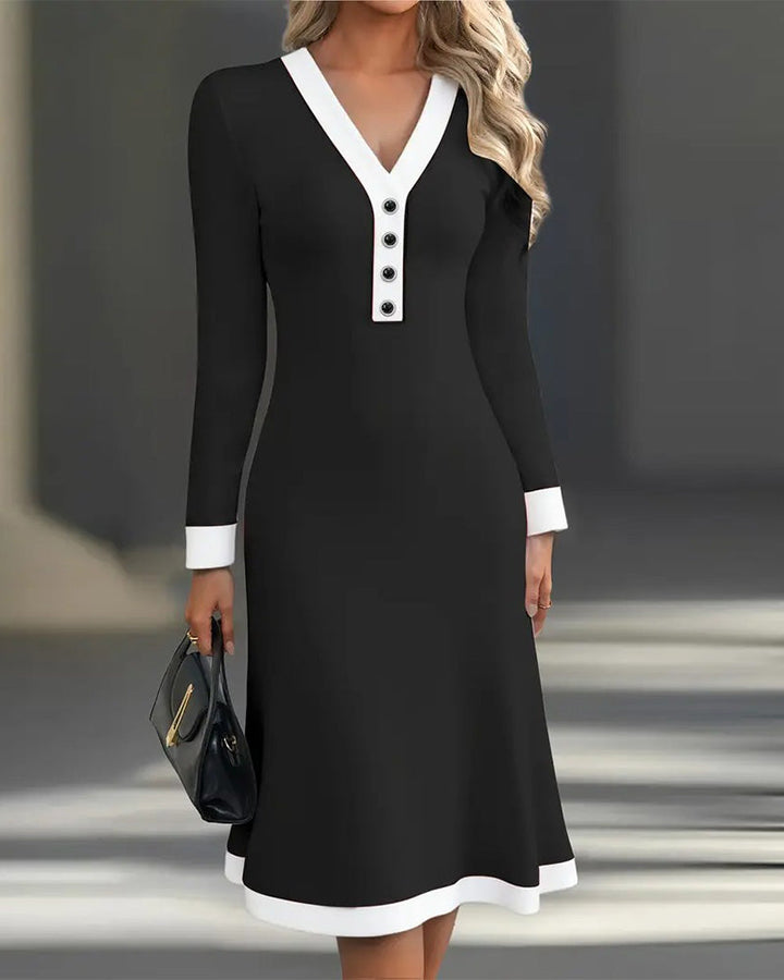 Women's V-Neck Long-Sleeve Knitted Midi Dress