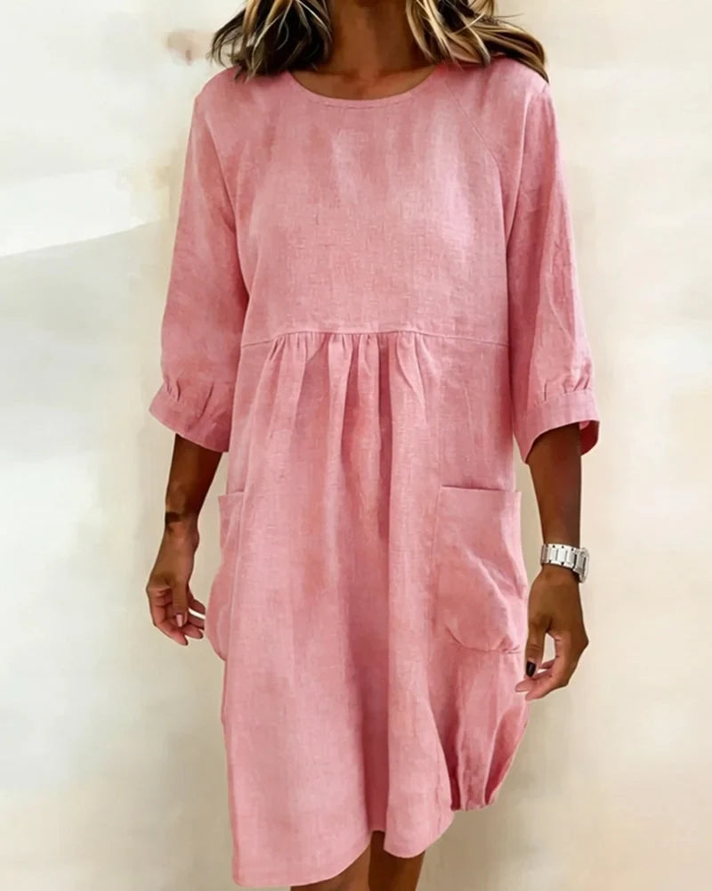 Women's Linen Crewneck Pocket Gathered Loose Dress