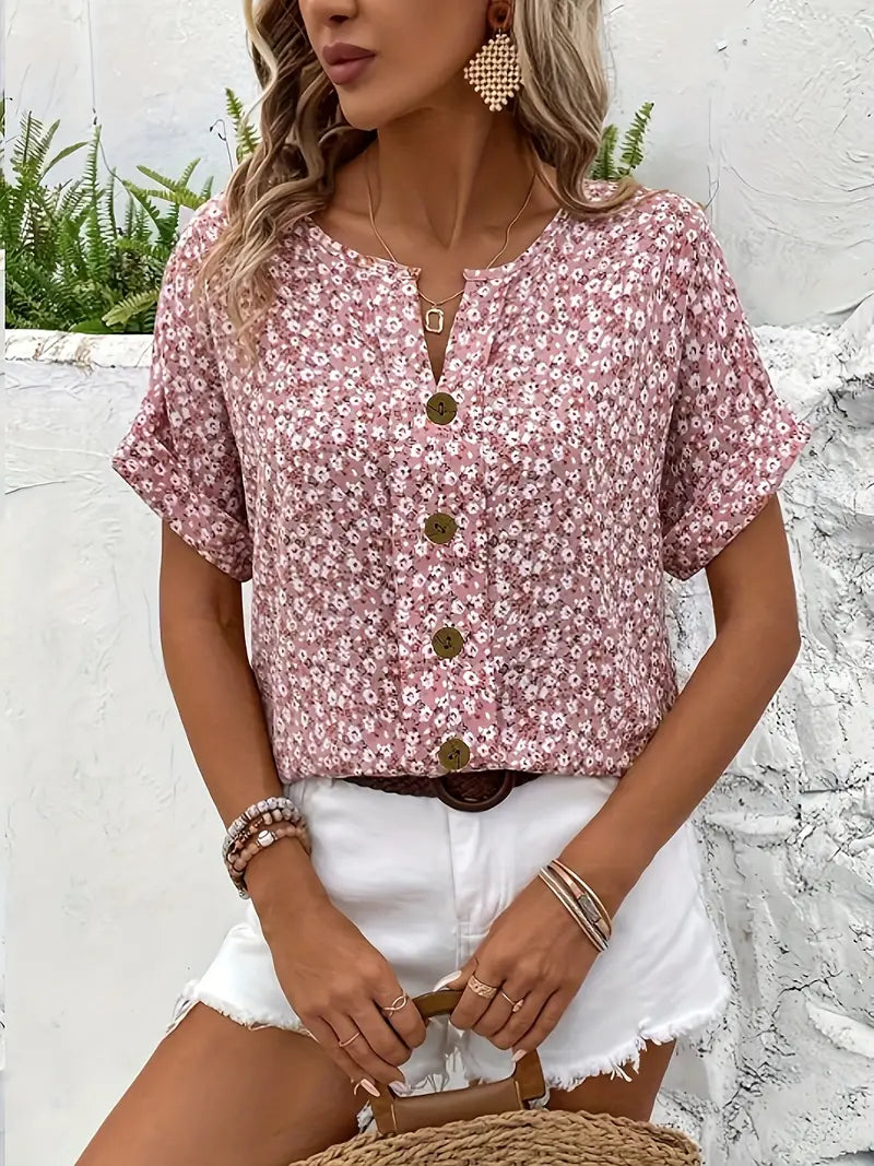Women's Linen Floral Print V Neck Short Sleeve Button Up Blouse