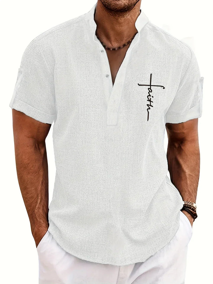 Men Henley Linen Shirt Casual Short Sleeve Cross Graphic Tee